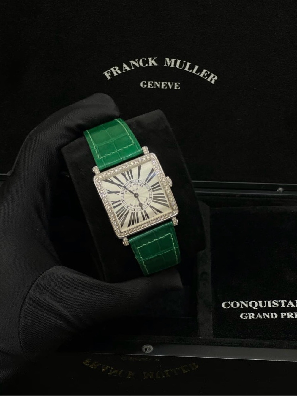 Franck Muller Women's Green Leather Strap Diamond-Set Square Watch